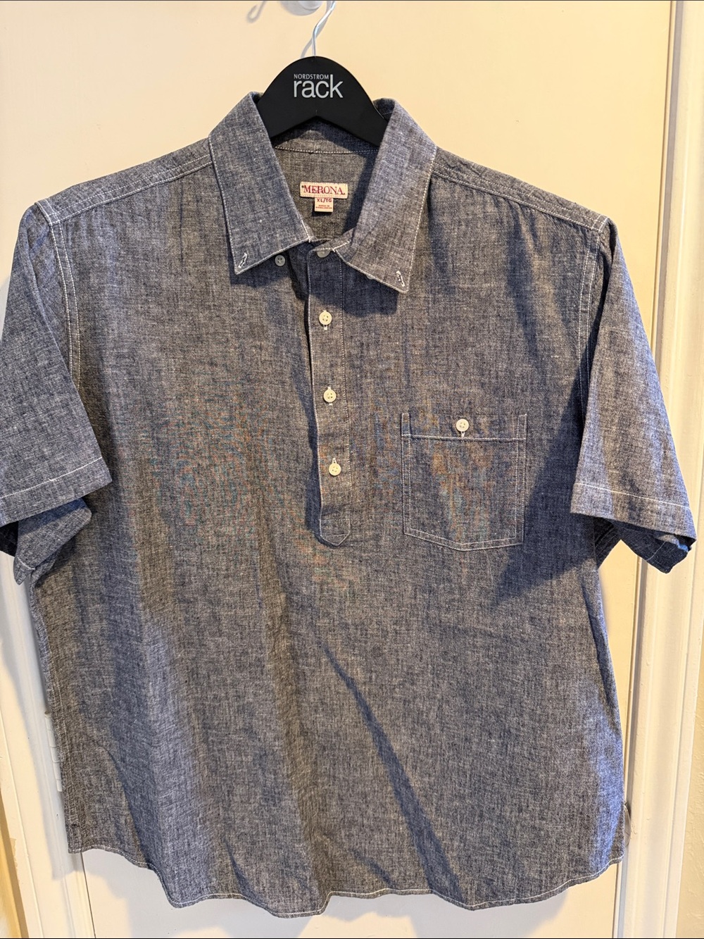 Merona Men’s Short‑Sleeve Chambray Button Shirt in Blue